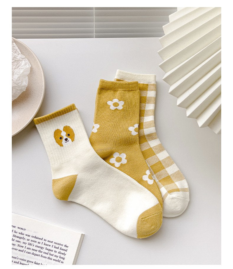 Miss June’s | Set of 3 pairs cotton socks | Cute | Pink | daily | Patterned | Designed | Women | Gift Idea | Casual | Stylish | Comfortable