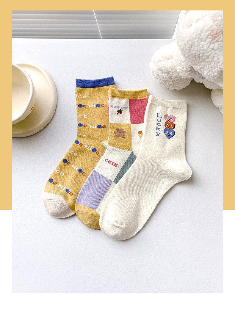 Miss June’s | Set of 3 pairs cotton socks | Cute | Pink | daily | Patterned | Designed | Women | Gift Idea | Casual | Stylish | Comfortable