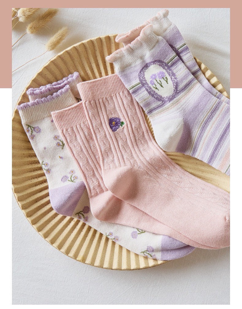 Miss June’s | Set of 3 pairs cotton socks | Cute | Pink | daily | Patterned | Designed | Women | Gift Idea | Casual | Stylish | Comfortable
