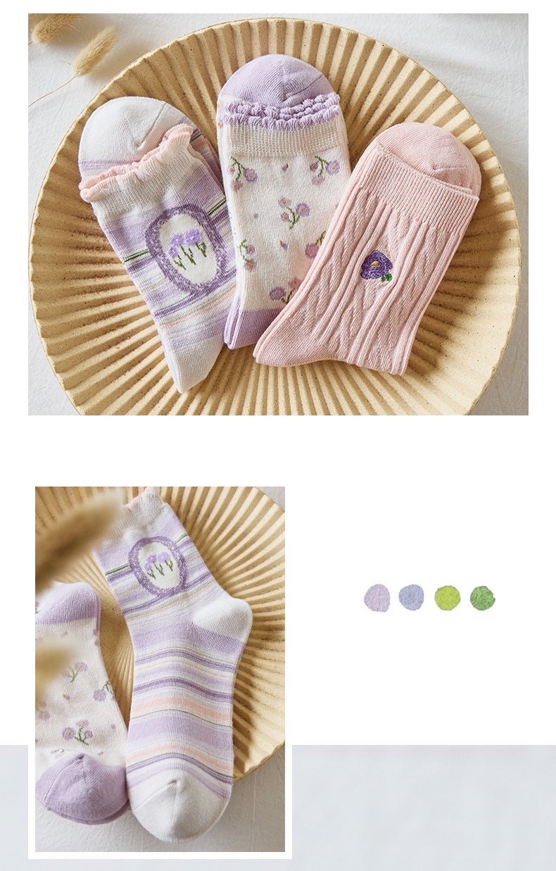 Miss June’s | Set of 3 pairs cotton socks | Cute | Pink | daily | Patterned | Designed | Women | Gift Idea | Casual | Stylish | Comfortable