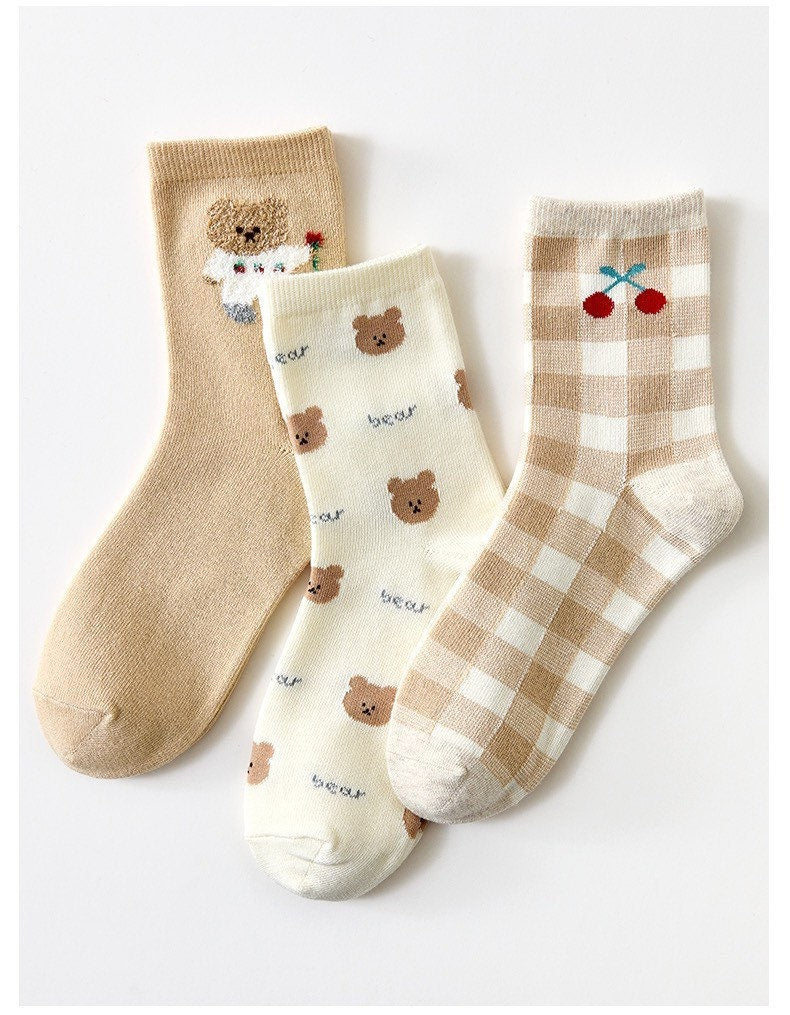 Miss June’s | Set of 3 pairs cotton socks | Cute | Pink | daily | Patterned | Designed | Women | Gift Idea | Casual | Stylish | Comfortable