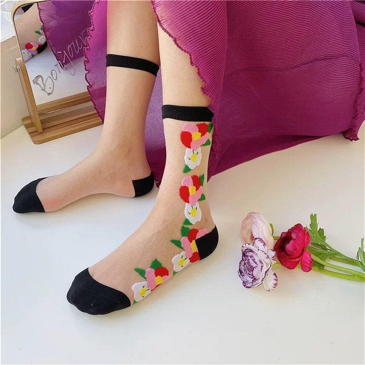 Miss June’s | Women’s Glass Silk-like Transparent socks | Cute | Colorful | Summer | Patterned | Gift Idea | Casual | Comfortable |Art|