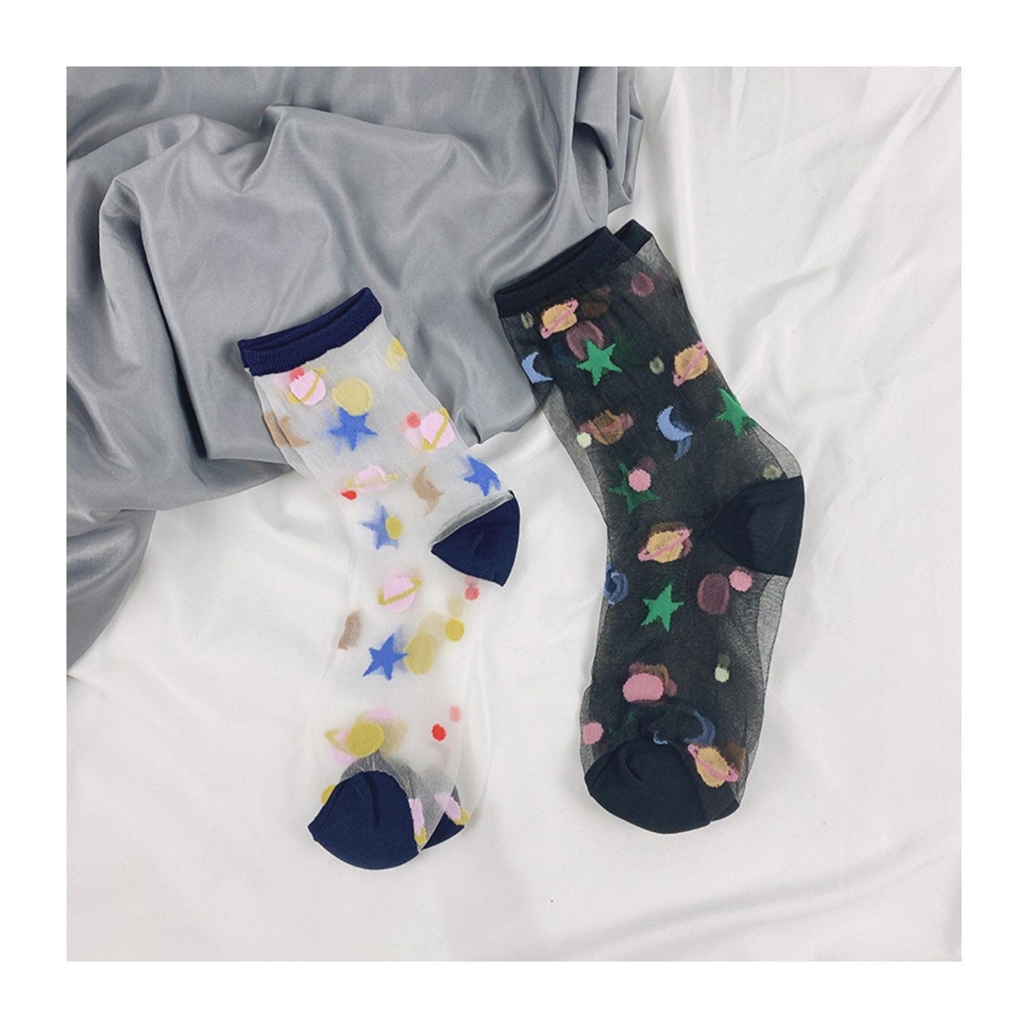 Miss June’s | Women’s Glass Silk-like Transparent socks | Cute | Colorful | Summer | Planet | Gift Idea | Casual | Comfortable |Art