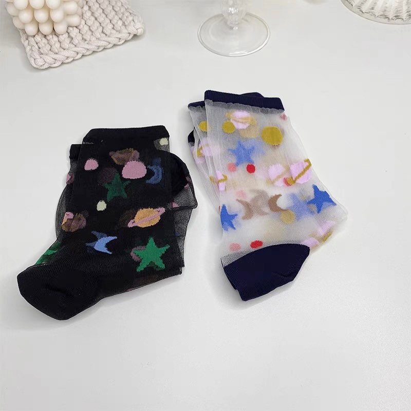 Miss June’s | Women’s Glass Silk-like Transparent socks | Cute | Colorful | Summer | Planet | Gift Idea | Casual | Comfortable |Art