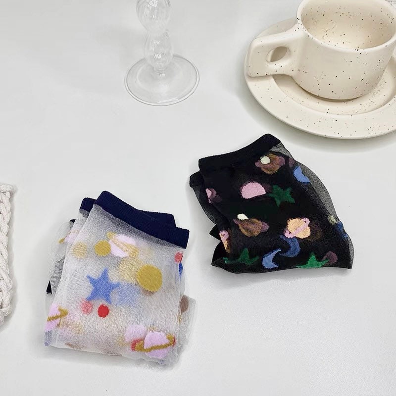 Miss June’s | Women’s Glass Silk-like Transparent socks | Cute | Colorful | Summer | Planet | Gift Idea | Casual | Comfortable |Art