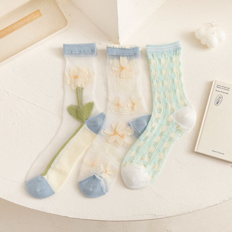 Miss June’s | Women’s Glass Silk-like Transparent socks | Cute | Colorful | Summer | Patterned | Gift Idea | Casual | Comfortable |Art|