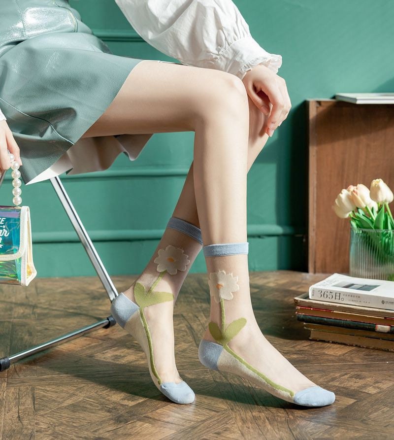Miss June’s | Women’s Glass Silk-like Transparent socks | Cute | Colorful | Summer | Patterned | Gift Idea | Casual | Comfortable |Art|