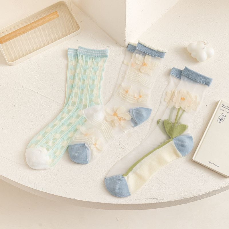 Miss June’s | Women’s Glass Silk-like Transparent socks | Cute | Colorful | Summer | Patterned | Gift Idea | Casual | Comfortable |Art|