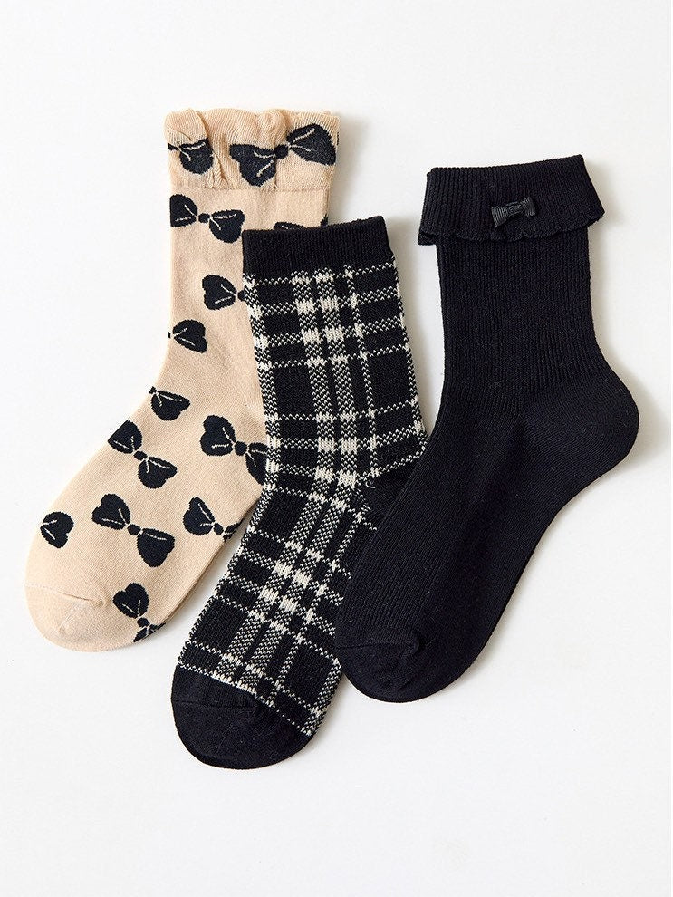 Miss June’s | Set of 3 pairs cotton socks | Cute | Black | daily | Patterned | Designed | Women | Gift Idea | Casual | Stylish | Comfortable
