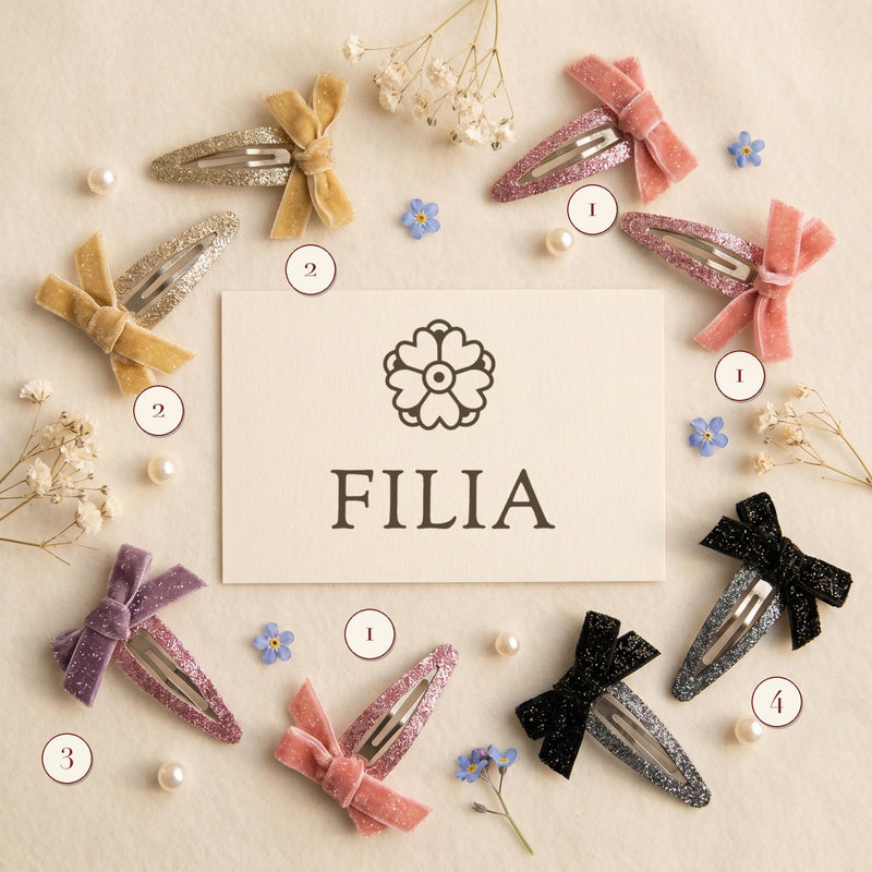 Velvet Bow Glitter Snap Hair Clip Set – Pink Beige Purple Black for Toddler Girls | FILIA Coquette