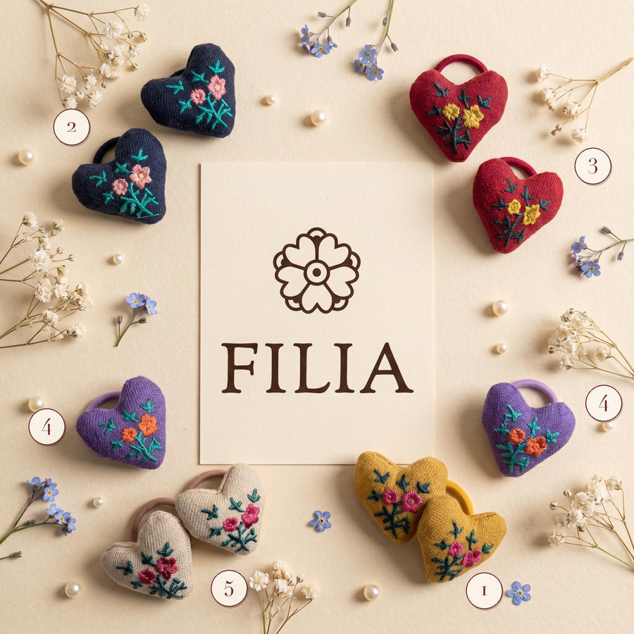 Embroidered Floral Heart Hair Tie Set – Vintage Rose Garden 5 Color for Toddler Girls | FILIA Folk