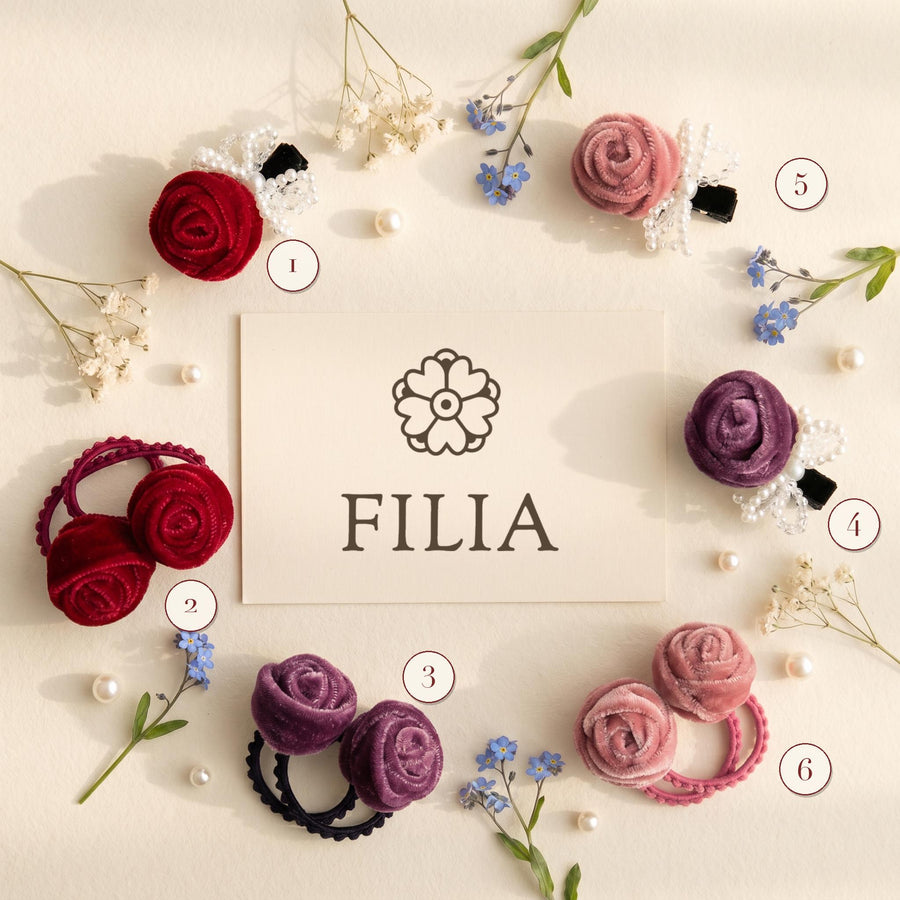 Velvet Rose Bud Hair Tie Set – Vintage Burgundy Pink Purple for Toddler Girls | FILIA Romantic