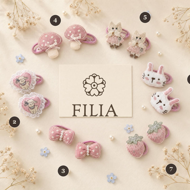 Embroidered Cat Lamb Bunny Hair Clip & Hair Tie – Pink Strawberry Mushroom for Girls | FILIA Pink Kawaii
