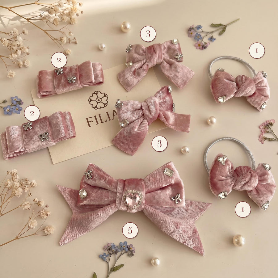 Pink Velvet Bow Hair Clip Set – Rhinestone Crystal 6 Style for Toddler Girls | FILIA Coquette Princess
