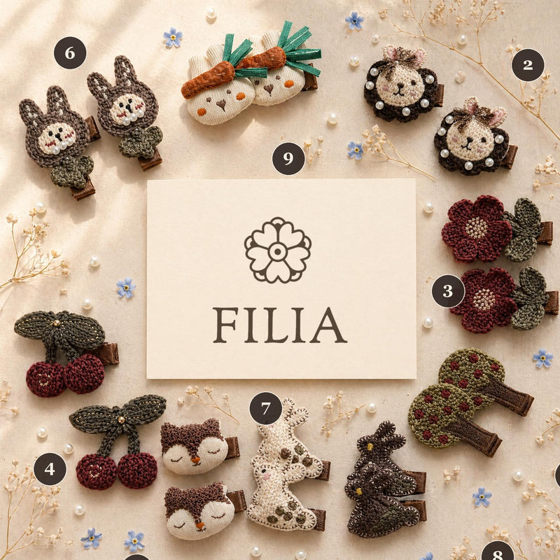 Crochet Animal Hair Clip Set – Owl Bear Bunny Cherry Apple for Toddler Girls | FILIA Cottagecore Woodland