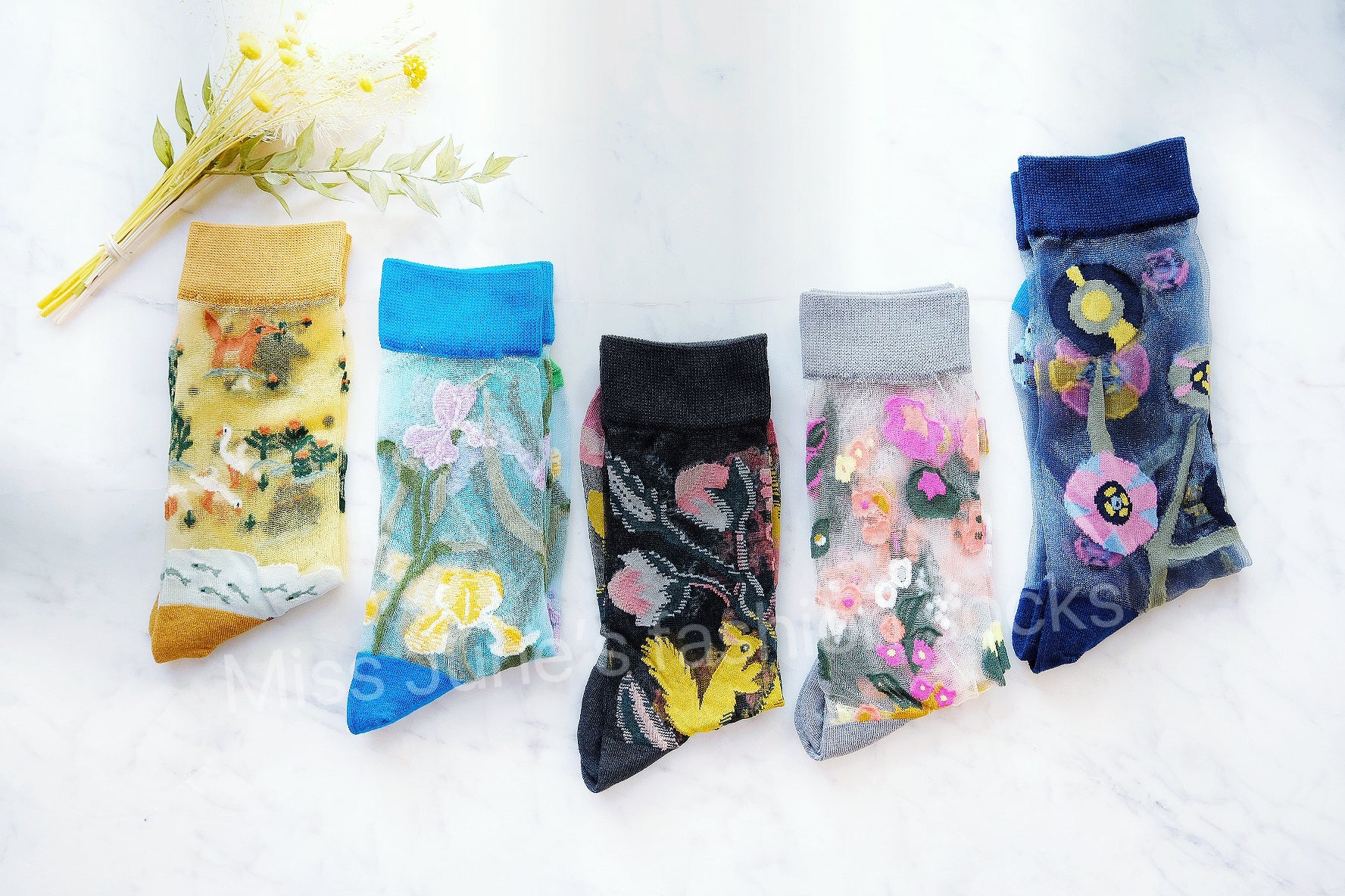 Miss June’s | Women’s Glass Silk-like Transparent socks | Cute | Colorful | Summer | Patterned | Gift Idea | Casual | Comfortable | Floral |