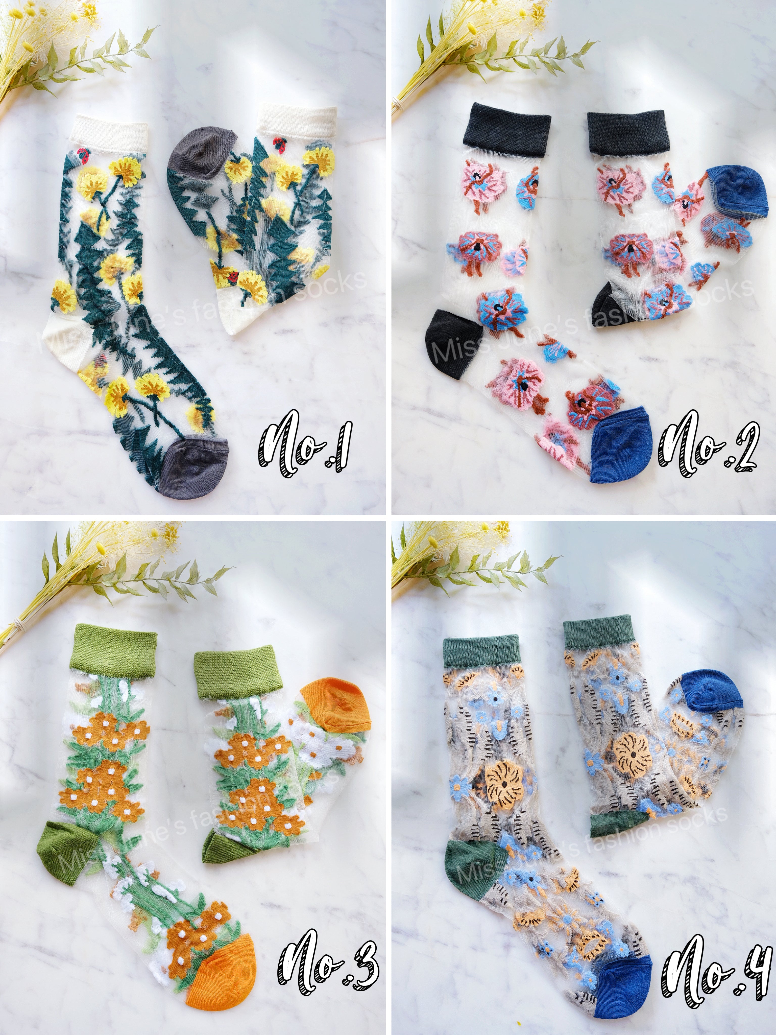 Miss June’s | Women’s Glass Silk-like Transparent socks | Cute | Colorful | Summer | Patterned | Gift Idea | Casual | Comfortable | Floral |