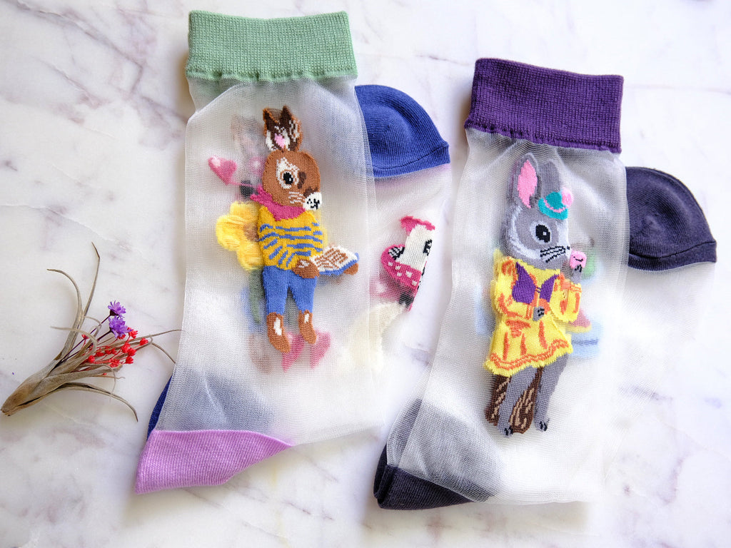 Miss June’s | Women’s Glass Silk-like Transparent socks | Cute | Colorful | Summer | Patterned | Gift Idea | Casual | Bunny lover | animal|