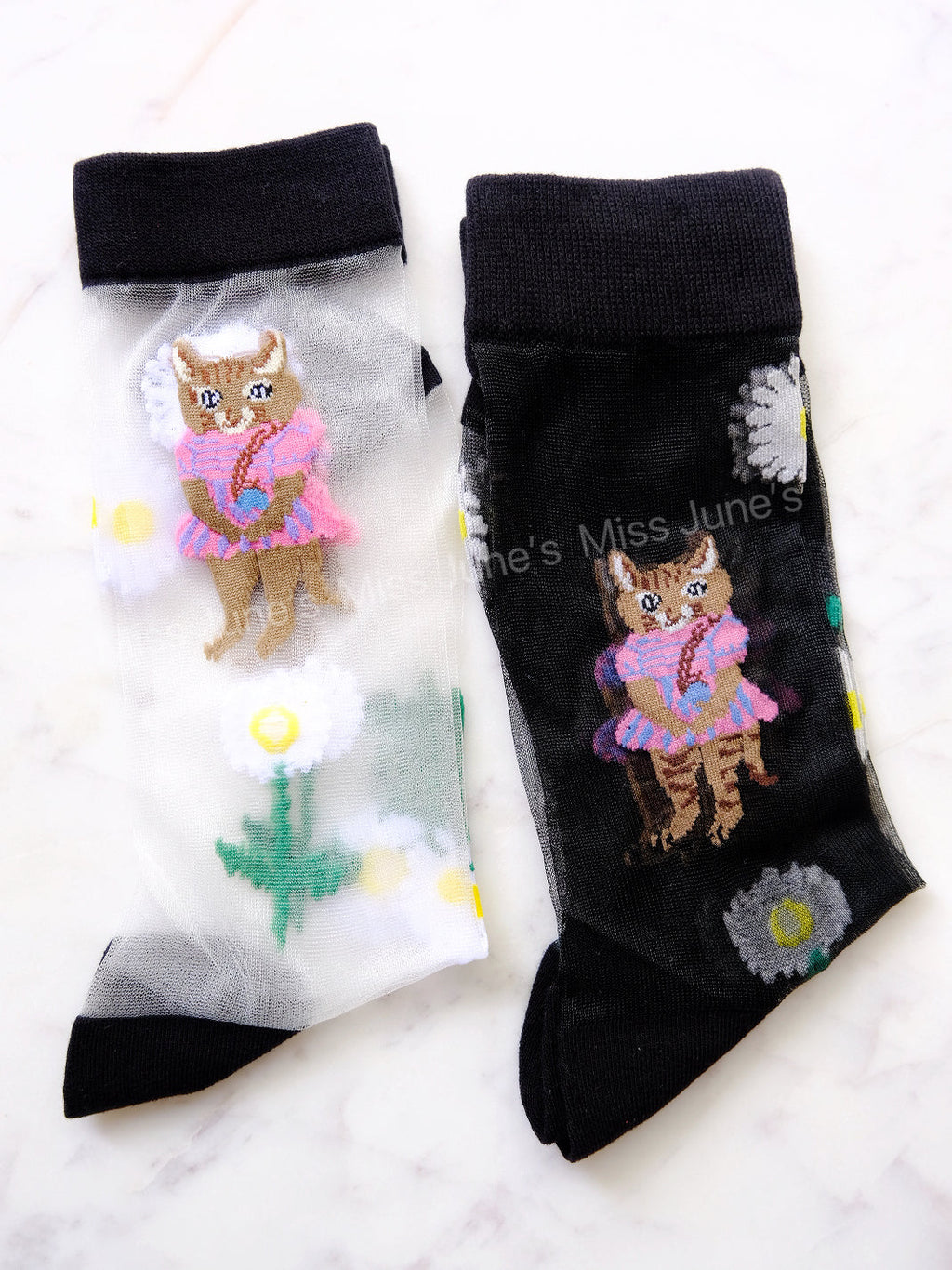 Miss June’s | Women’s Glass Silk-like Transparent socks | Cute | Colorful | Summer | Patterned | Gift Idea | Casual | Kitten lover | Cat |