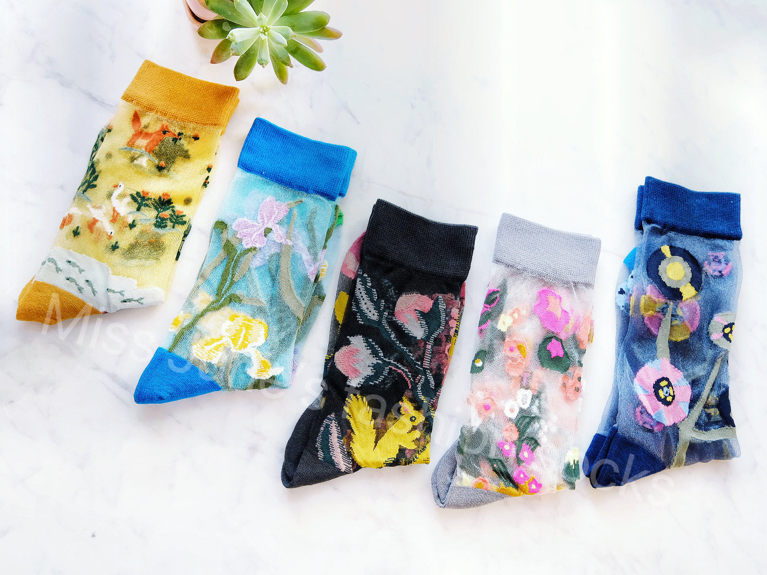 Miss June’s | Women’s Glass Silk-like Transparent socks | Cute | Colorful | Summer | Patterned | Gift Idea | Casual | Comfortable | Floral |