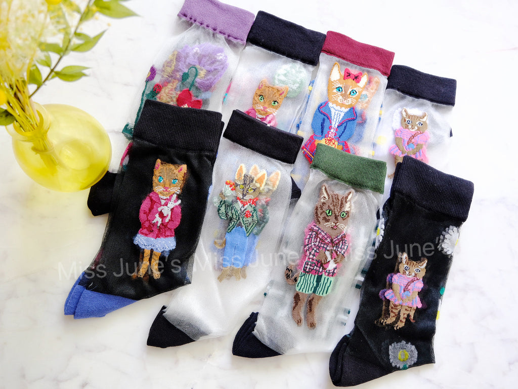 Miss June’s | Women’s Glass Silk-like Transparent socks | Cute | Colorful | Summer | Patterned | Gift Idea | Casual | Kitten lover | Cat |