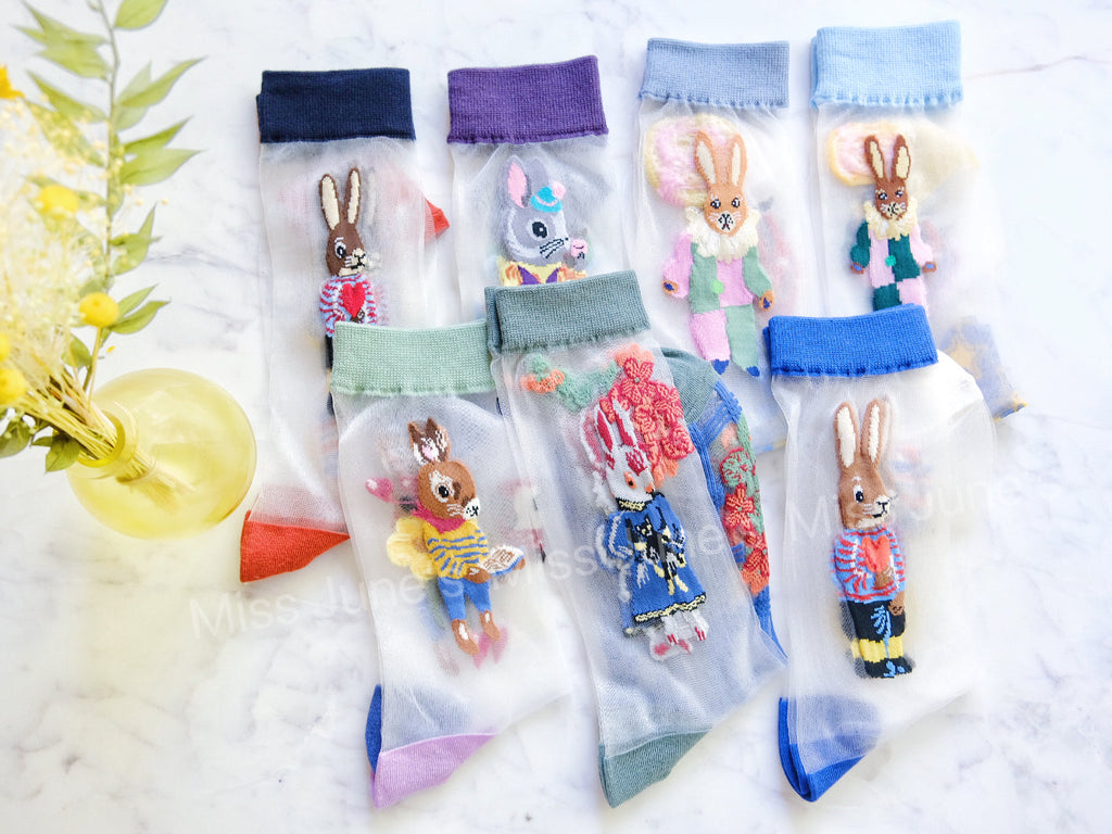 Miss June’s | Women’s Glass Silk-like Transparent socks | Cute | Colorful | Summer | Patterned | Gift Idea | Casual | Bunny lover | animal|