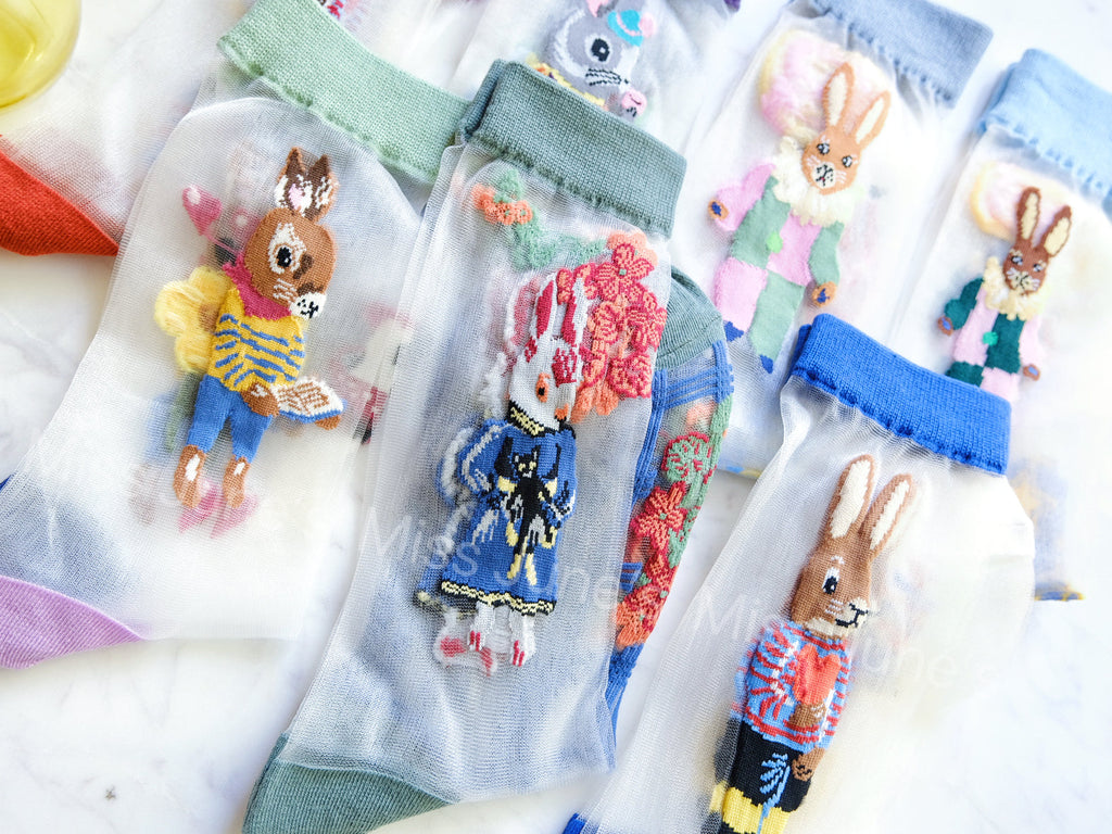Miss June’s | Women’s Glass Silk-like Transparent socks | Cute | Colorful | Summer | Patterned | Gift Idea | Casual | Bunny lover | animal|