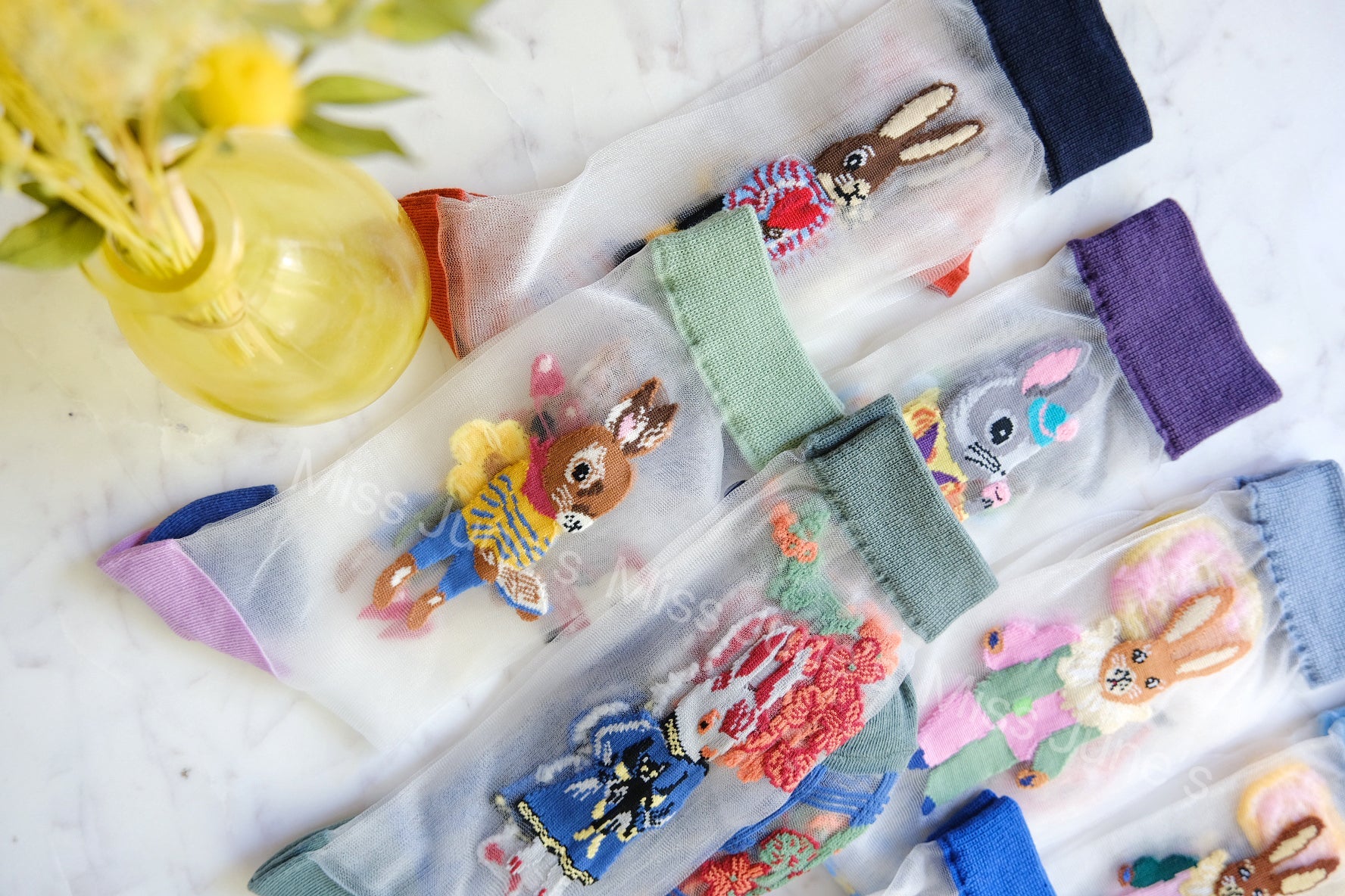 Miss June’s | Women’s Glass Silk-like Transparent socks | Cute | Colorful | Summer | Patterned | Gift Idea | Casual | Bunny lover | animal|