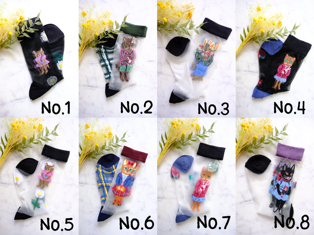 Miss June’s | Women’s Glass Silk-like Transparent socks | Cute | Colorful | Summer | Patterned | Gift Idea | Casual | Kitten lover | Cat |