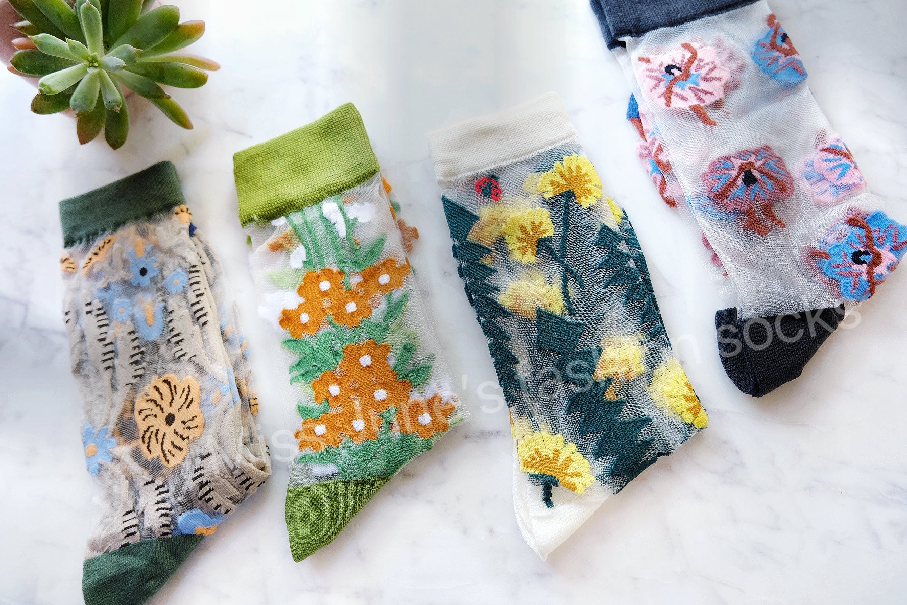 Miss June’s | Women’s Glass Silk-like Transparent socks | Cute | Colorful | Summer | Patterned | Gift Idea | Casual | Comfortable | Floral |