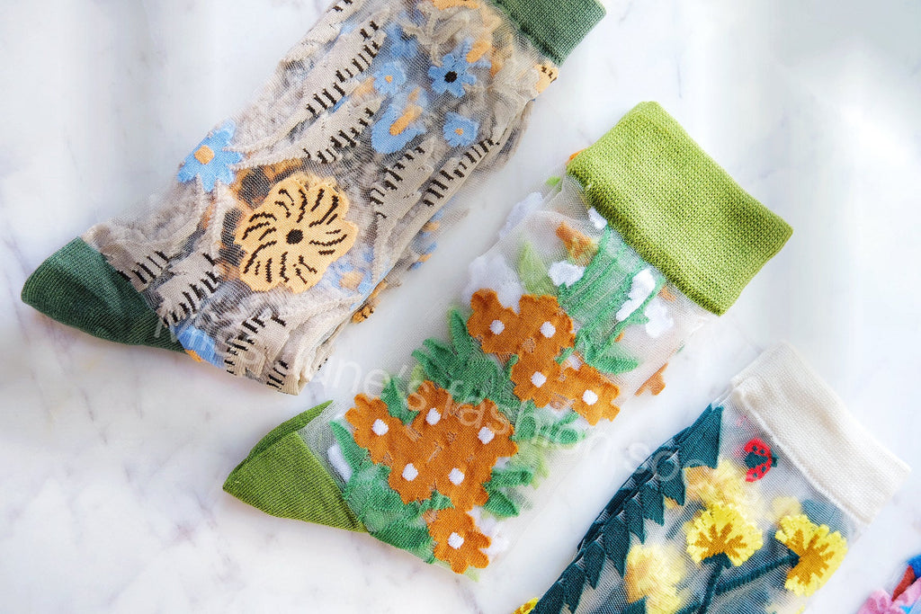 Miss June’s | Women’s Glass Silk-like Transparent socks | Cute | Colorful | Summer | Patterned | Gift Idea | Casual | Comfortable | Floral |