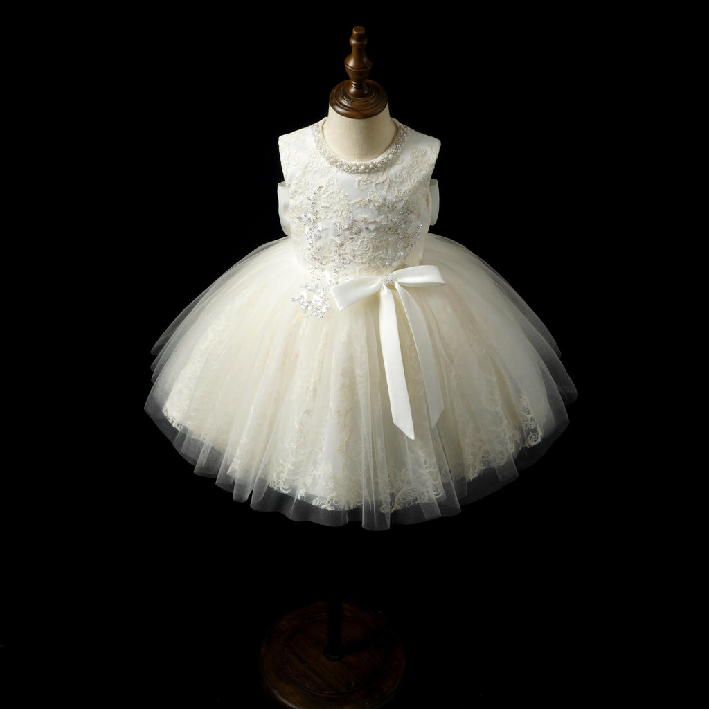 Girls Ivory Pearl-Beaded Lace Ball Gown with Satin Bow - Christening, Baptism & Flower Girl