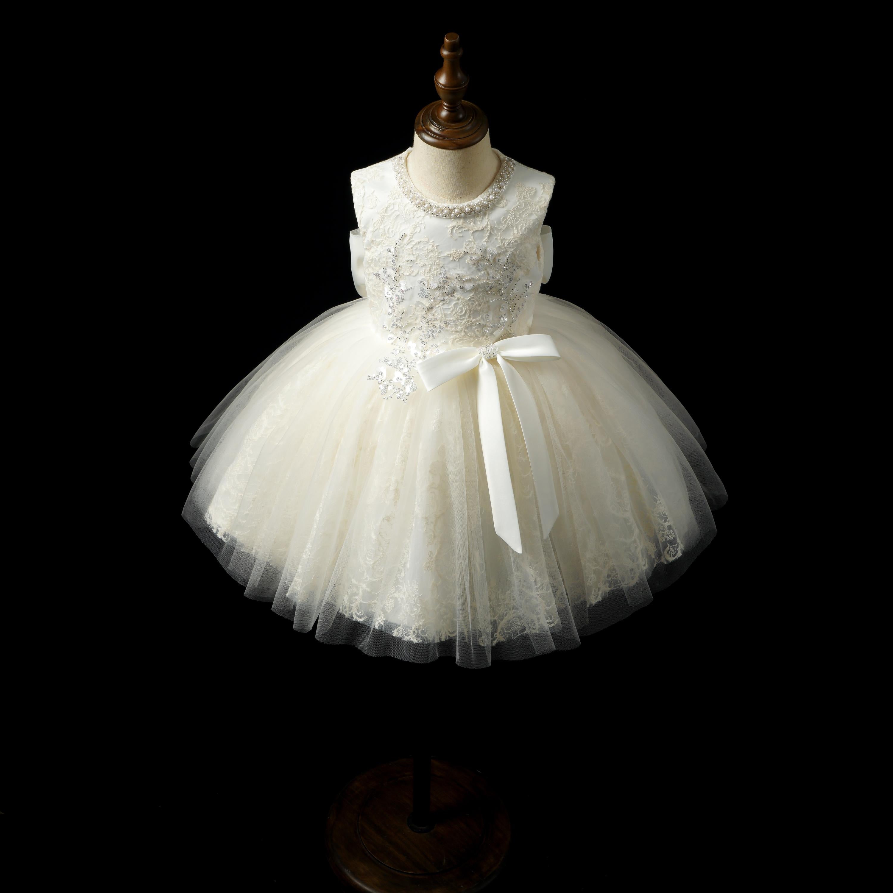 Girls Ivory Pearl-Beaded Lace Ball Gown with Satin Bow - Christening, Baptism & Flower Girl