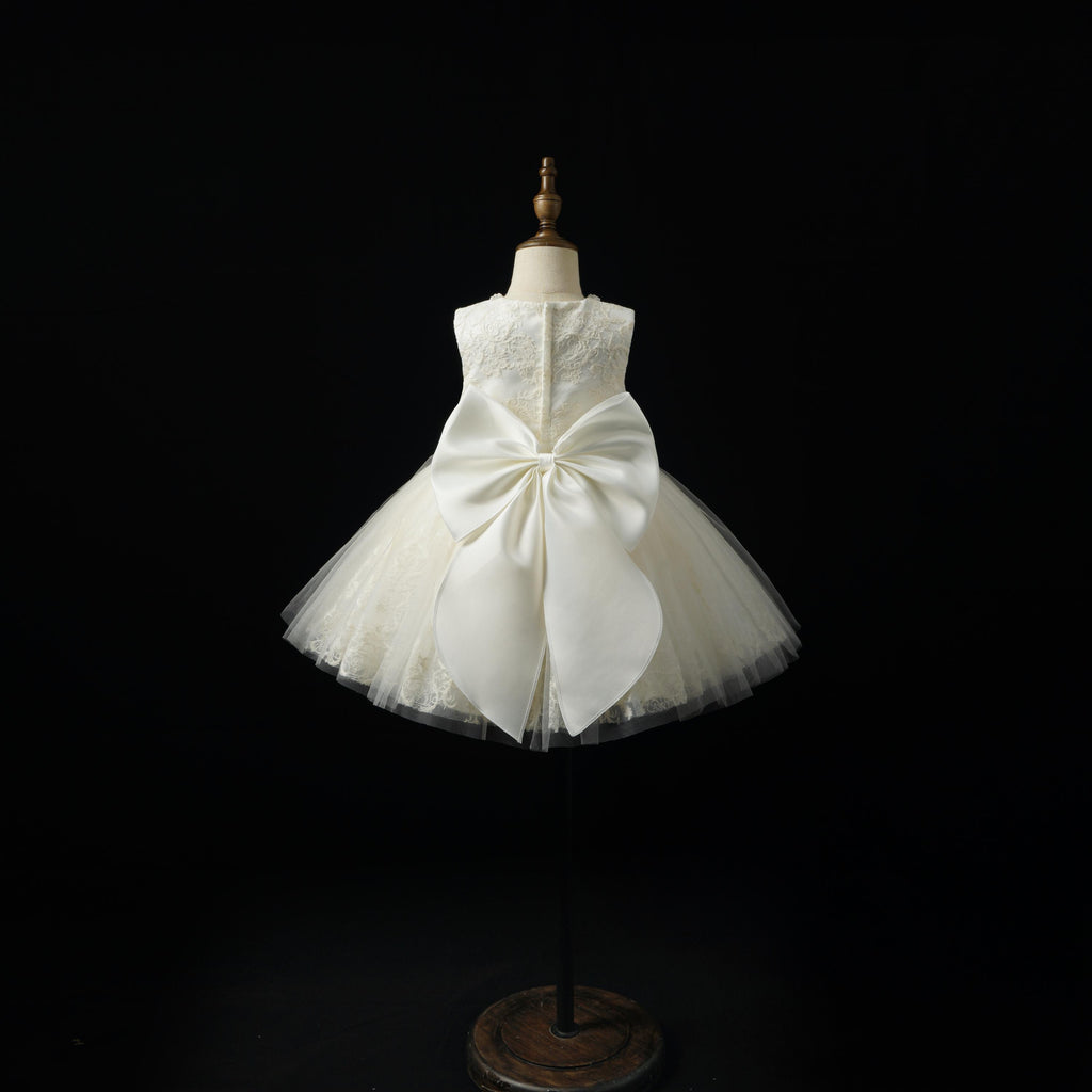 Girls Ivory Pearl-Beaded Lace Ball Gown with Satin Bow - Christening, Baptism & Flower Girl
