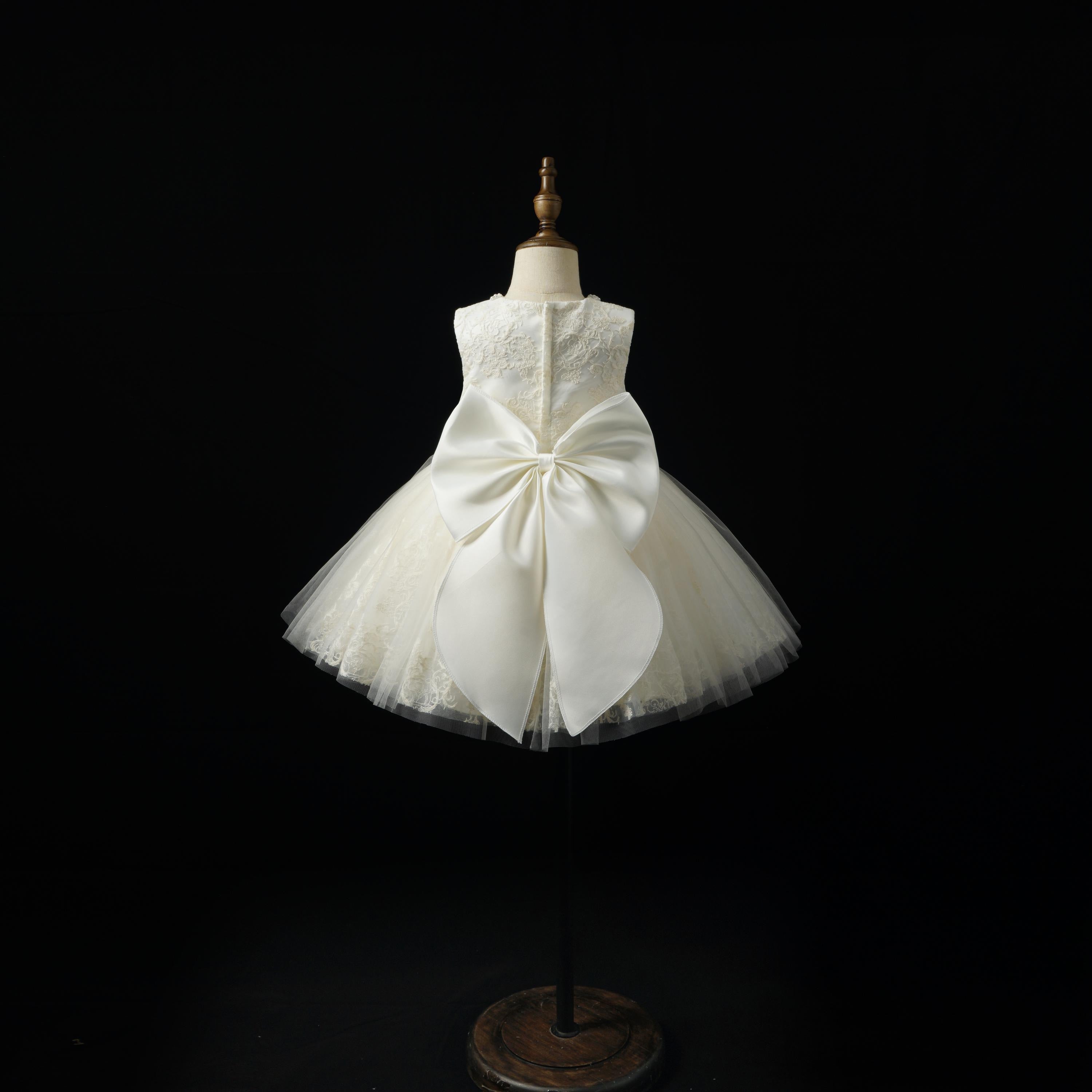 Girls Ivory Pearl-Beaded Lace Ball Gown with Satin Bow - Christening, Baptism & Flower Girl