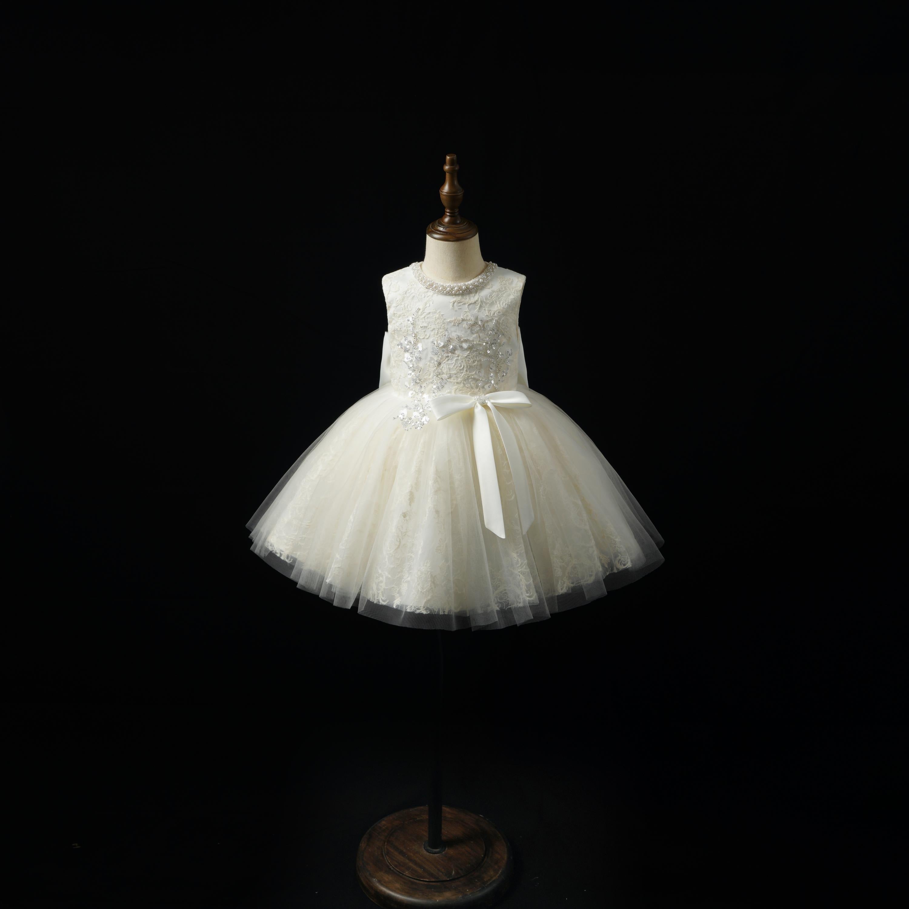 Girls Ivory Pearl-Beaded Lace Ball Gown with Satin Bow - Christening, Baptism & Flower Girl