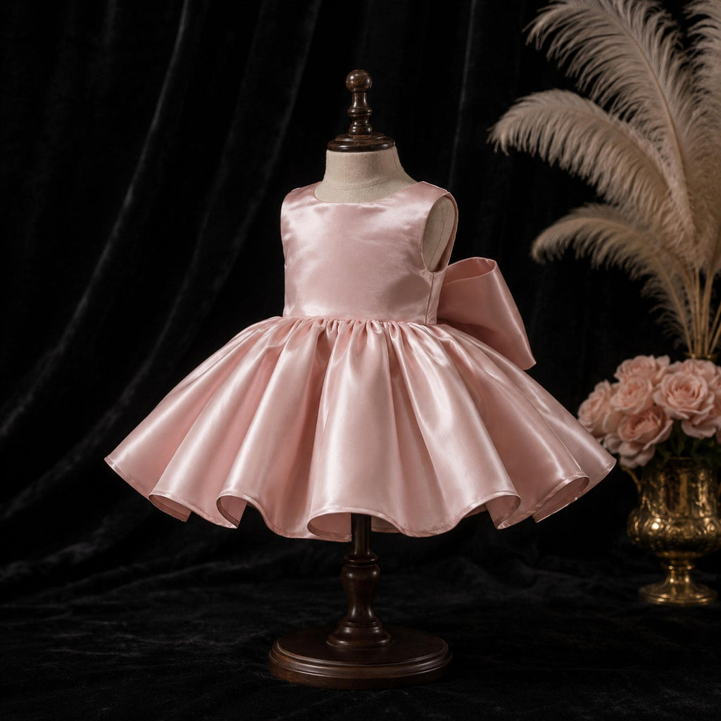 Girls Blush Pink Satin Bow Party Dress - Flower Girl, Birthday & Pageant