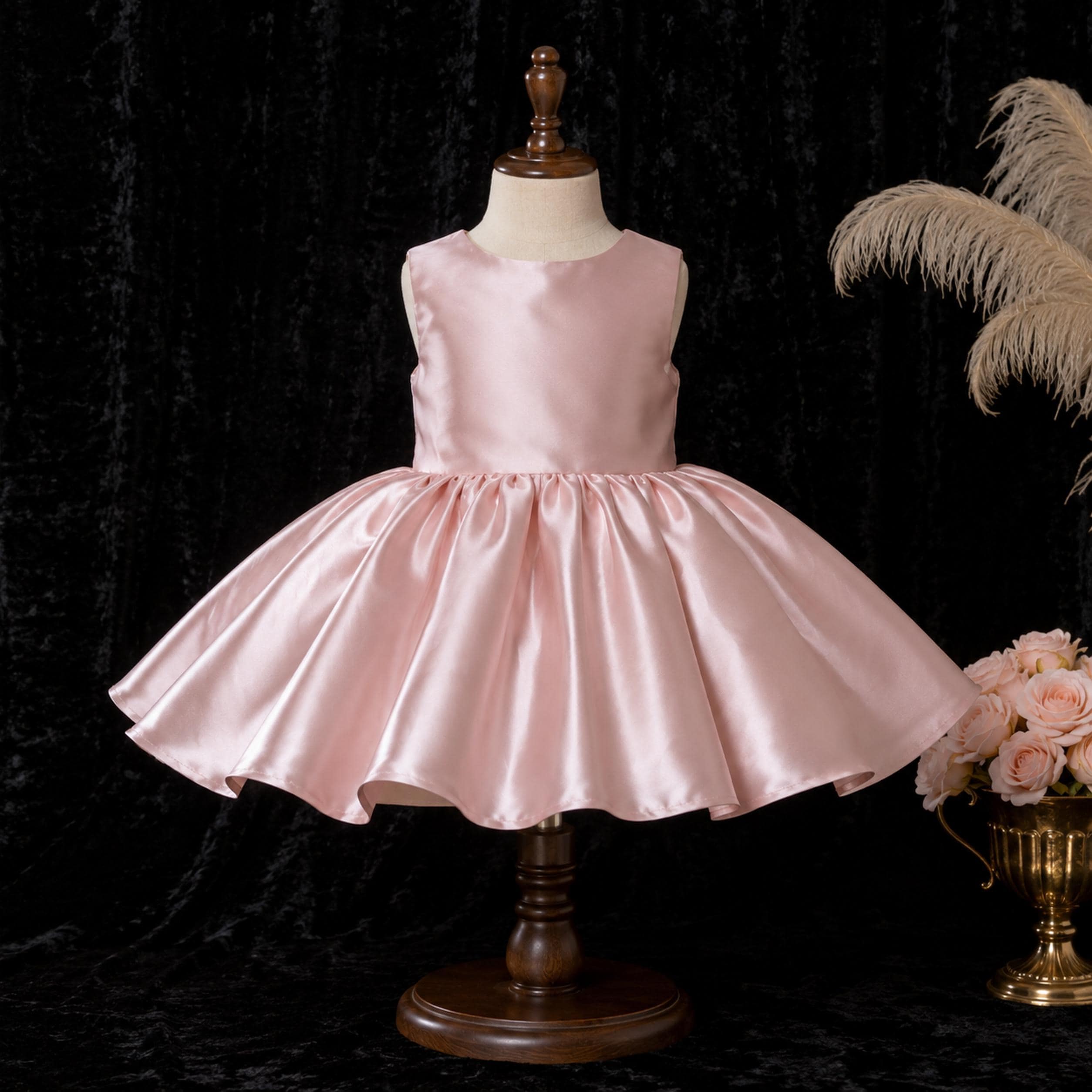 Girls Blush Pink Satin Bow Party Dress - Flower Girl, Birthday & Pageant