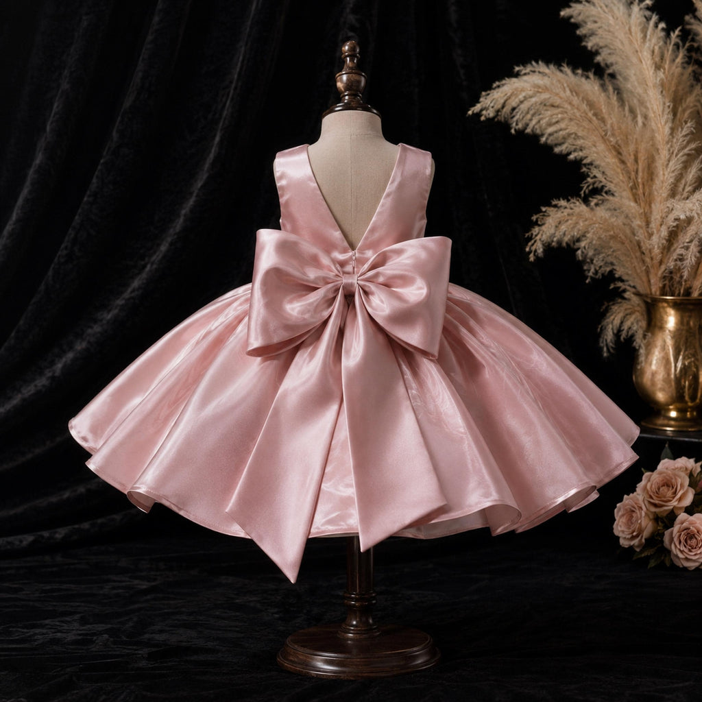 Girls Blush Pink Satin Bow Party Dress - Flower Girl, Birthday & Pageant