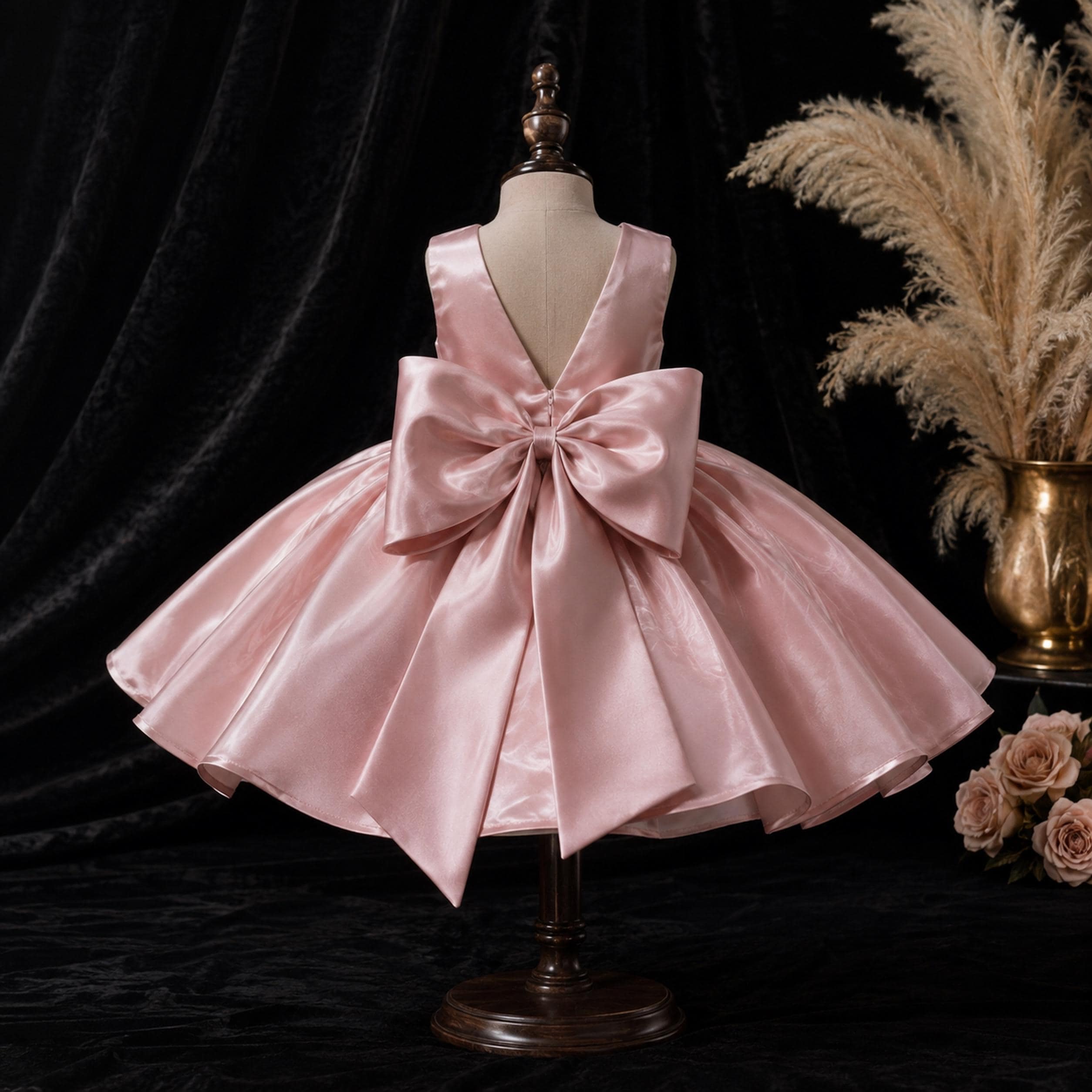 Girls Blush Pink Satin Bow Party Dress - Flower Girl, Birthday & Pageant