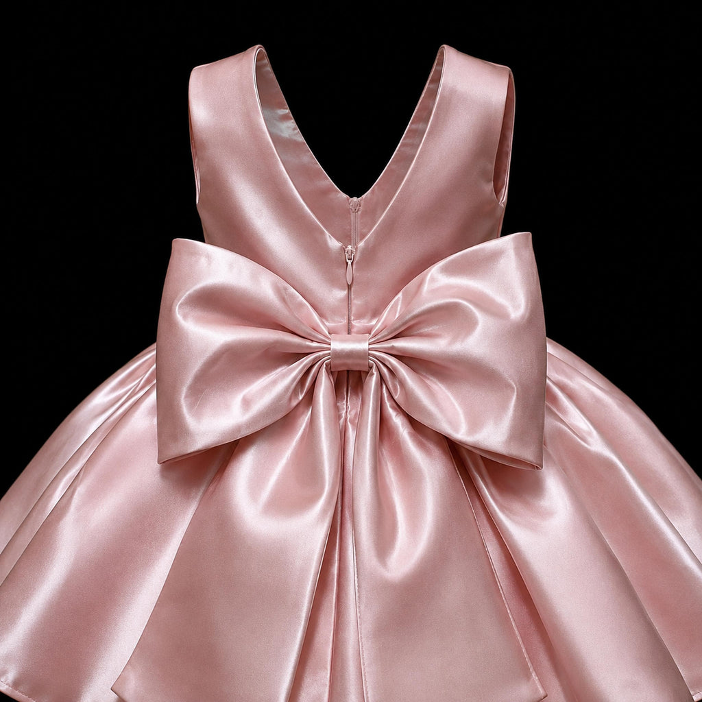 Girls Blush Pink Satin Bow Party Dress - Flower Girl, Birthday & Pageant