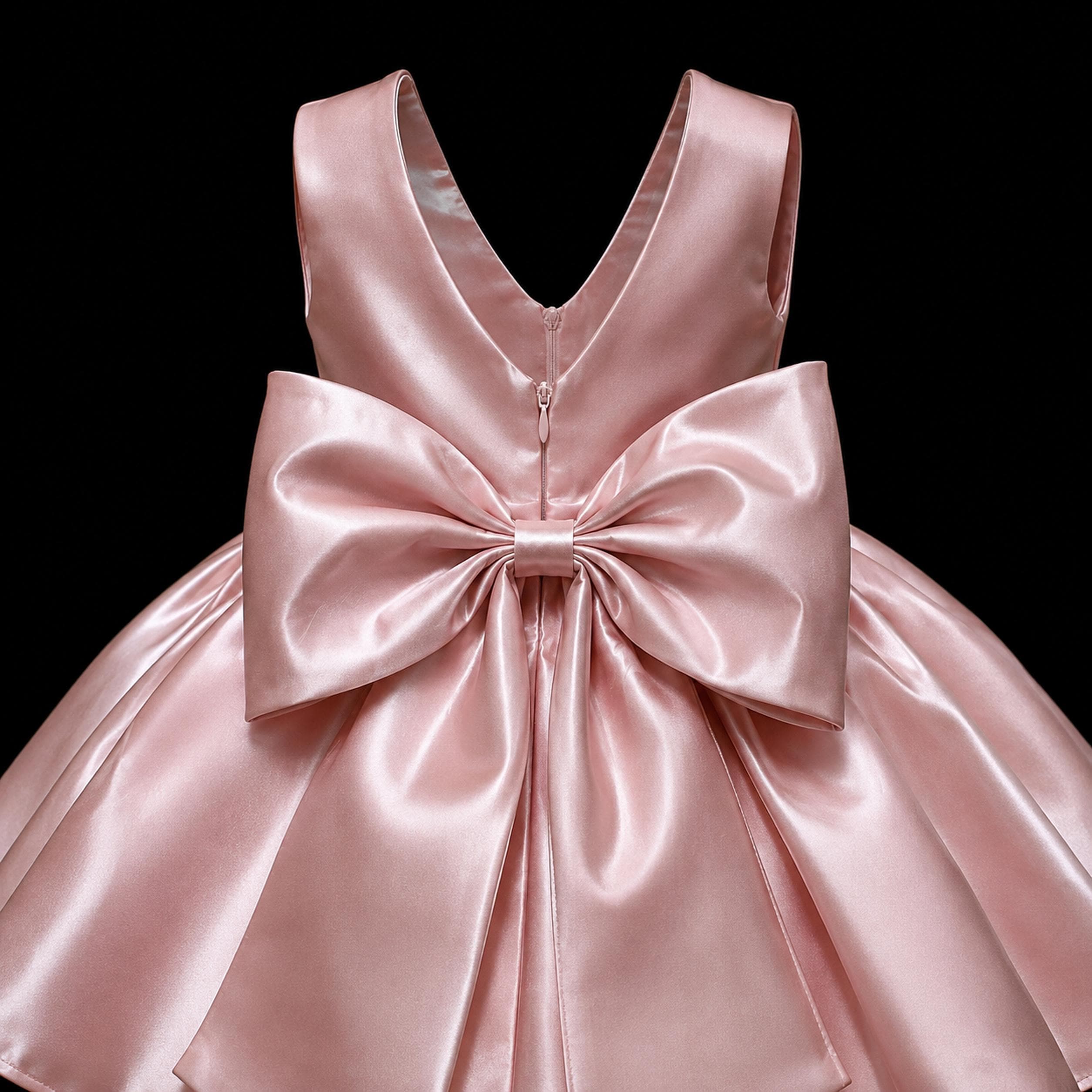 Girls Blush Pink Satin Bow Party Dress - Flower Girl, Birthday & Pageant