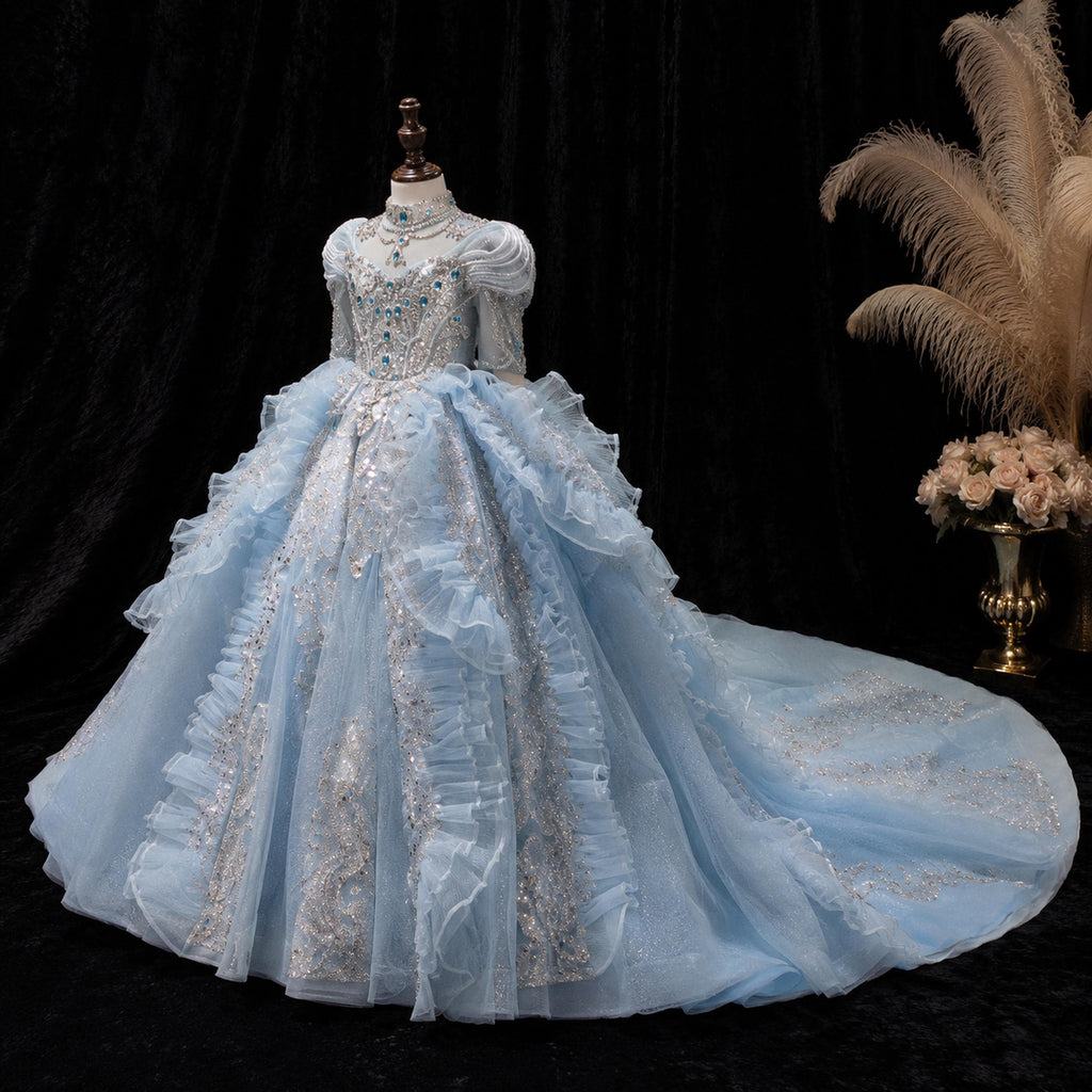 Girls Ice Blue Sequin Illusion Ball Gown with Long Train - Pageant, Stage Performance & Flower Girl