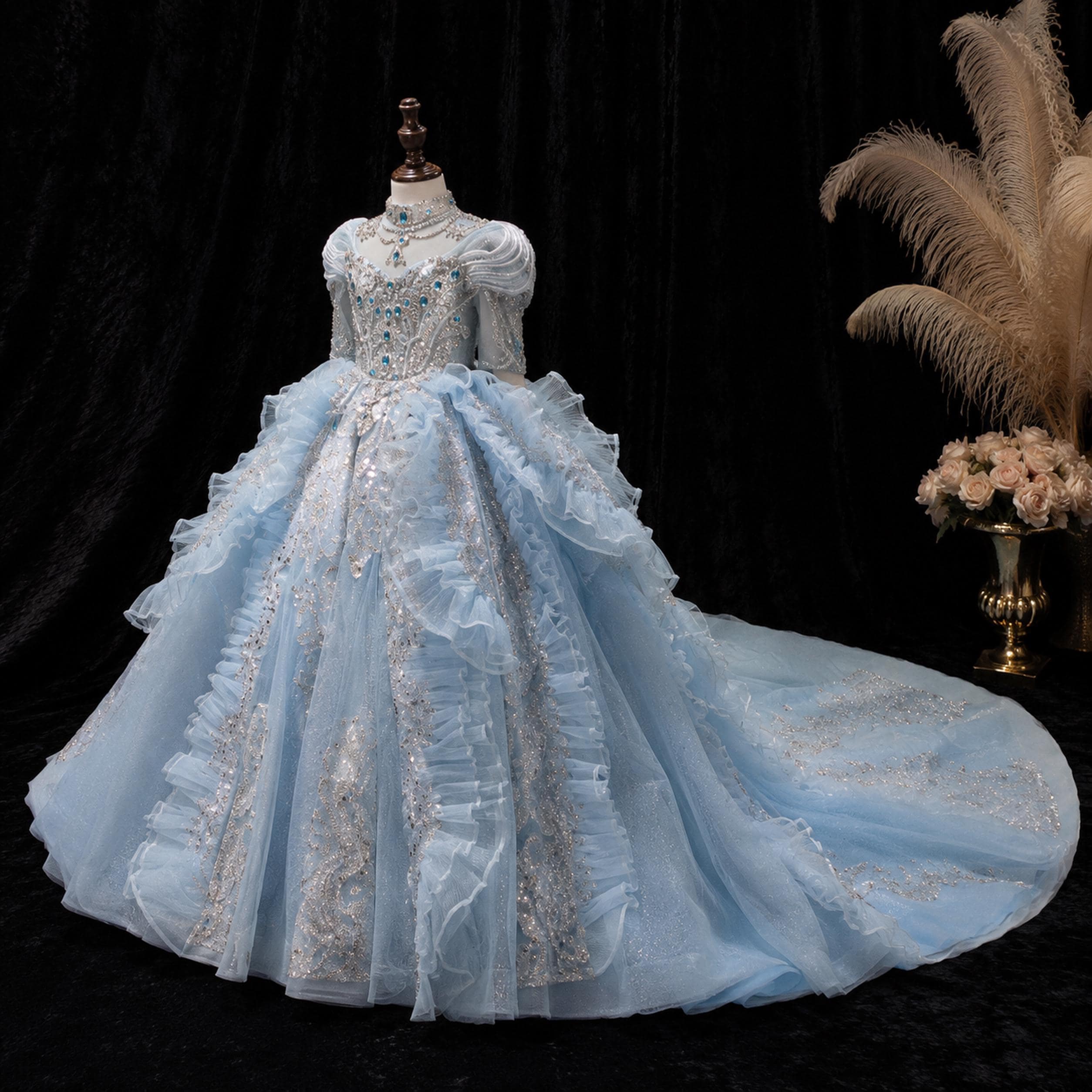Girls Ice Blue Sequin Illusion Ball Gown with Long Train - Pageant, Stage Performance & Flower Girl