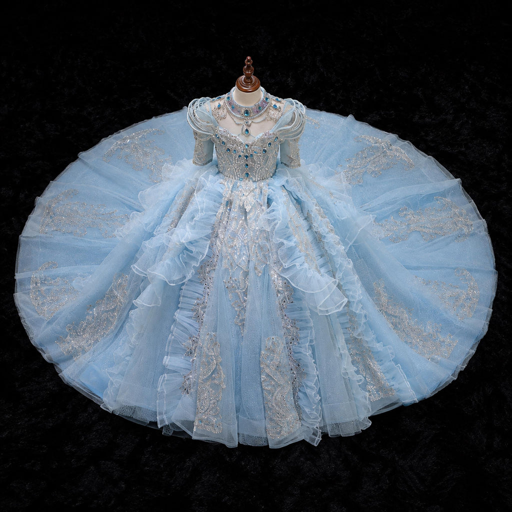 Girls Ice Blue Sequin Illusion Ball Gown with Long Train - Pageant, Stage Performance & Flower Girl