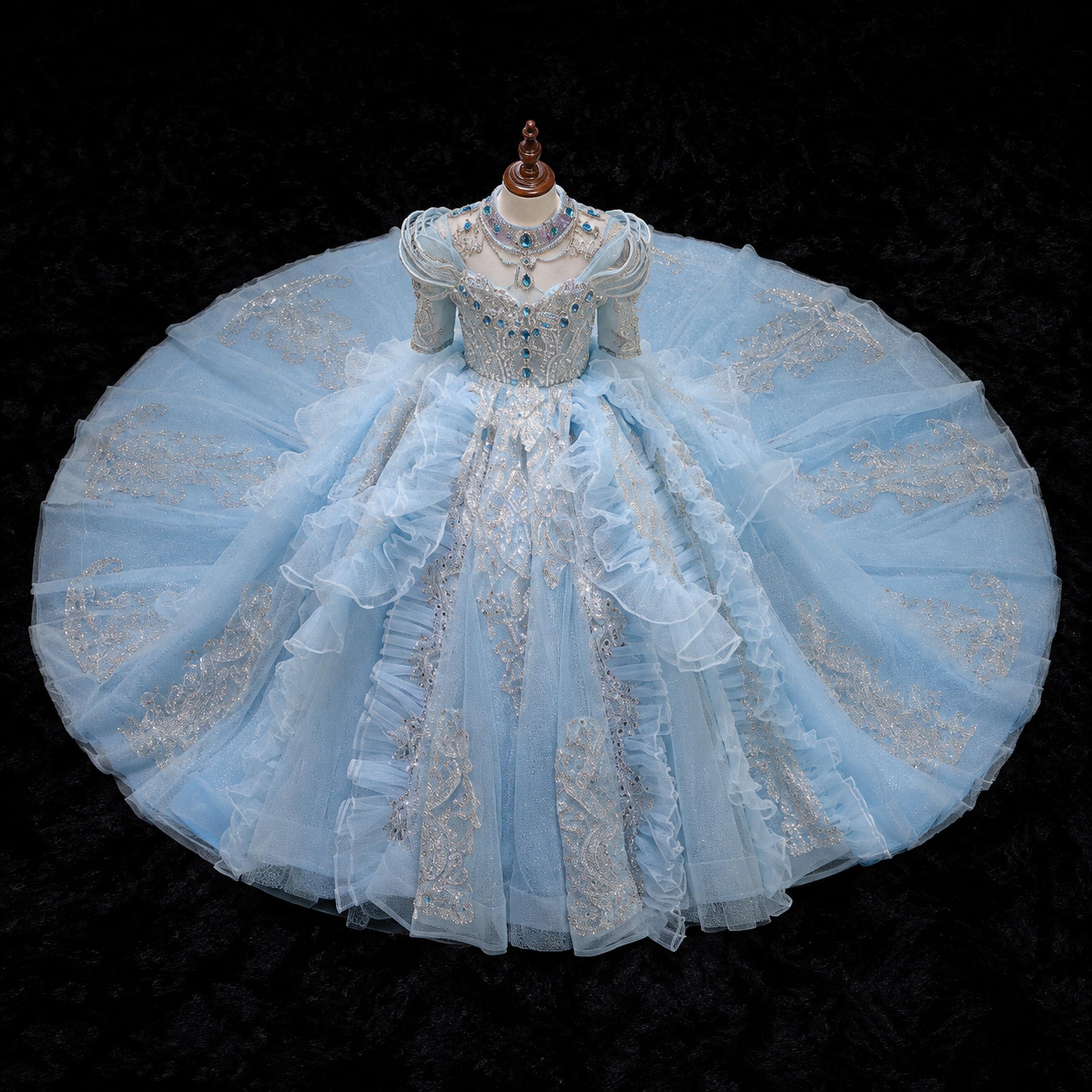 Girls Ice Blue Sequin Illusion Ball Gown with Long Train - Pageant, Stage Performance & Flower Girl