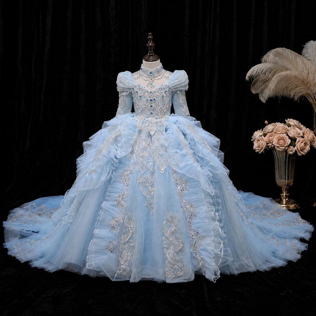 Girls Ice Blue Sequin Illusion Ball Gown with Long Train - Pageant, Stage Performance & Flower Girl