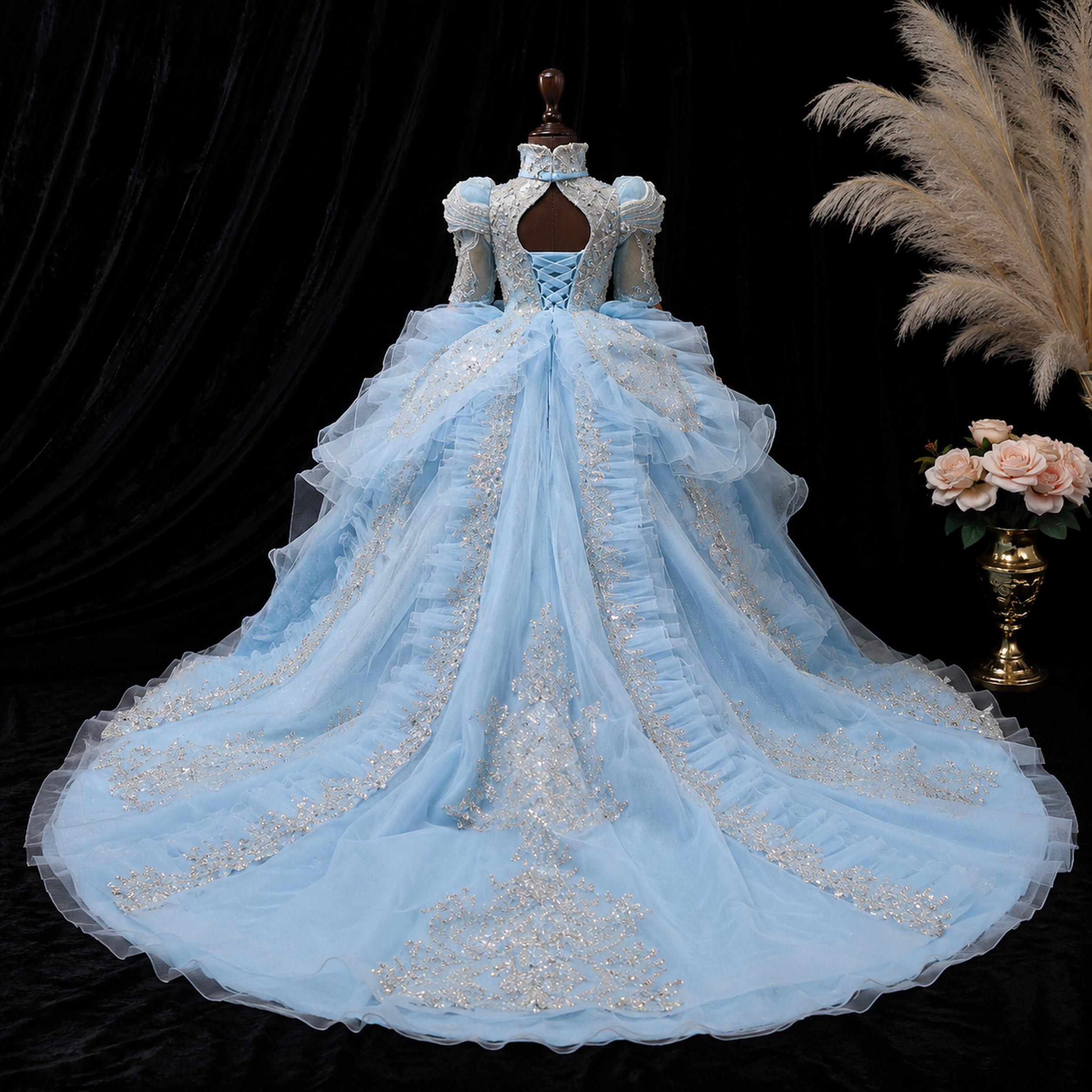 Girls Ice Blue Sequin Illusion Ball Gown with Long Train - Pageant, Stage Performance & Flower Girl