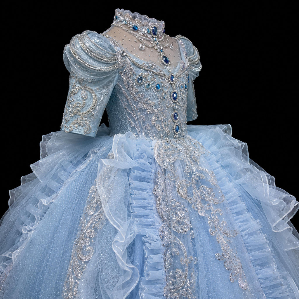 Girls Ice Blue Sequin Illusion Ball Gown with Long Train - Pageant, Stage Performance & Flower Girl