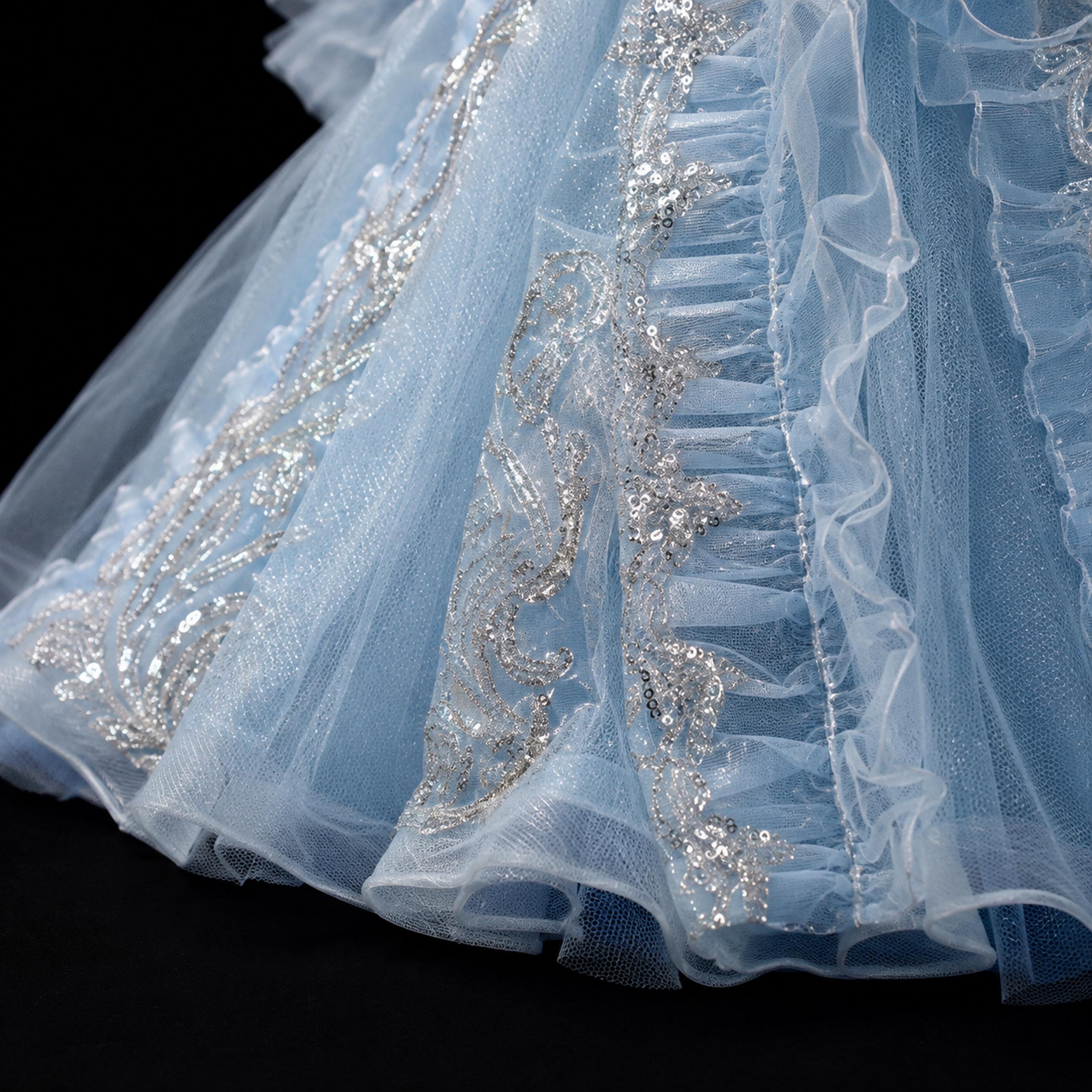 Girls Ice Blue Sequin Illusion Ball Gown with Long Train - Pageant, Stage Performance & Flower Girl